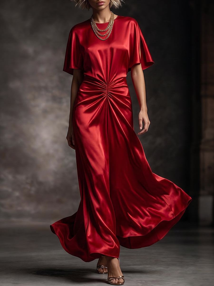 Red Cape Sleeve Ruched Waist Satin Gown