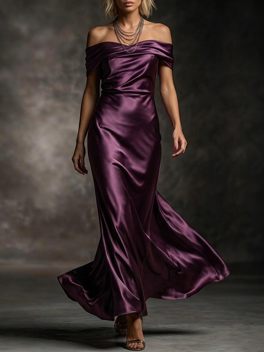 Plum Off-Shoulder Draped Satin Gown