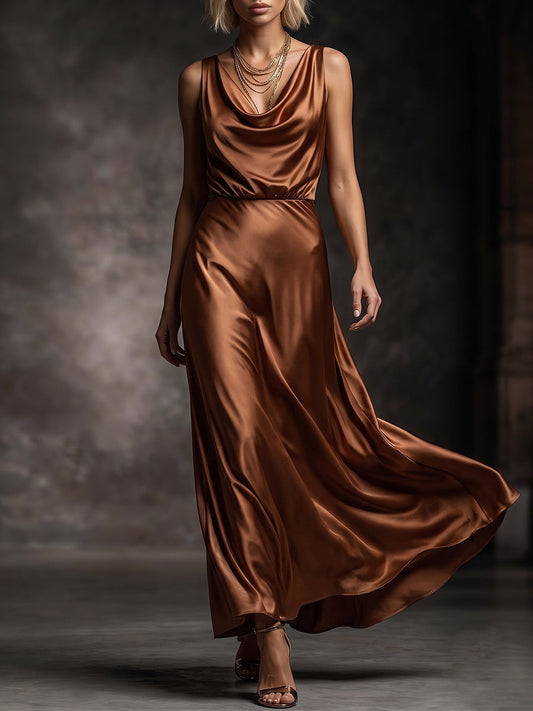 Bronze Cowl Neck Satin Slip Gown