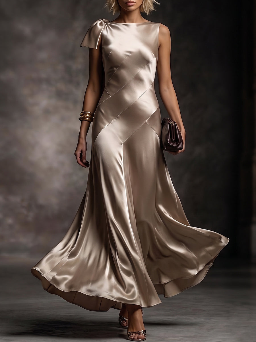 Champagne One-Shoulder Bow Seam Satin Gown