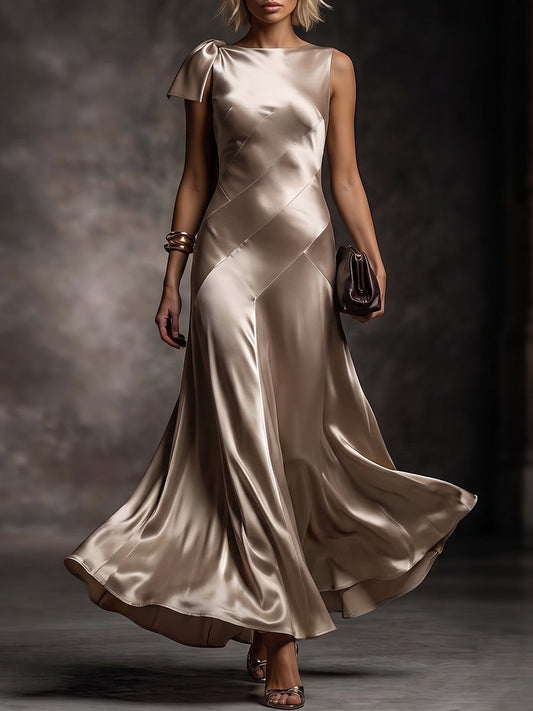 Champagne One-Shoulder Bow Seam Satin Gown