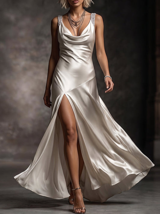 Ivory Cowl Neck Rhinestone Strap High Slit Gown