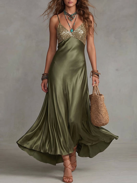 Olive Green Sequin Bodice Satin Slip Maxi Dress