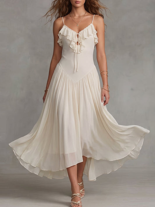 Cream White Ruffle Trim Spaghetti Strap Midi Dress