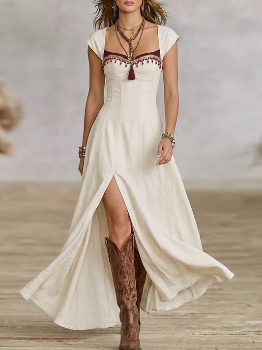 Cream Square Neck Tassel Trim Western Dress