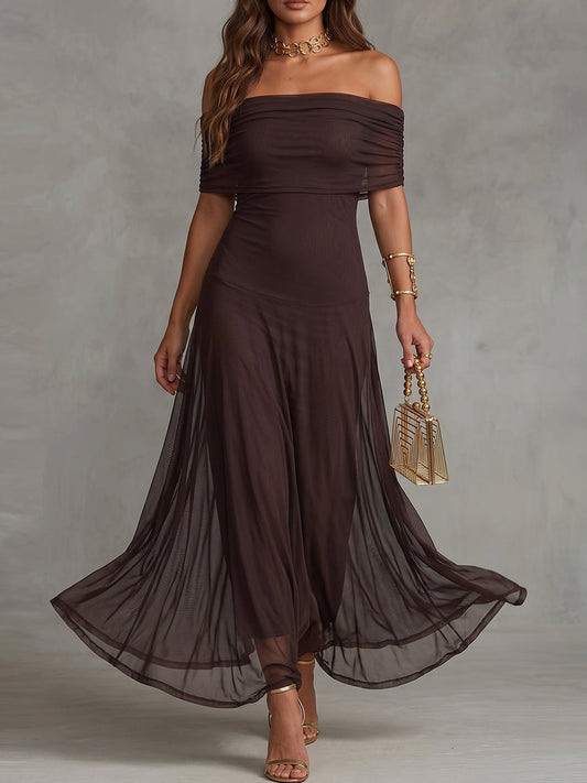 Dark Espresso Off-Shoulder Sheer Panel Maxi Dress