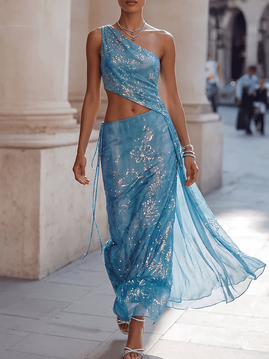 Sky Blue Sequin Star Asymmetrical Two-Piece Set