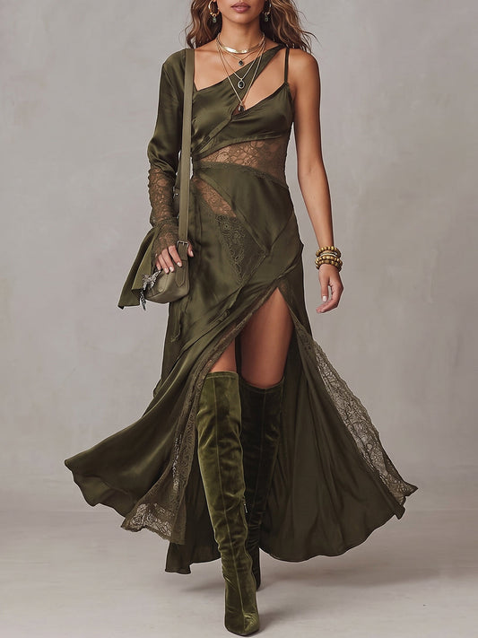 Olive Green Lace Insert Asymmetric Draped Maxi Dress
