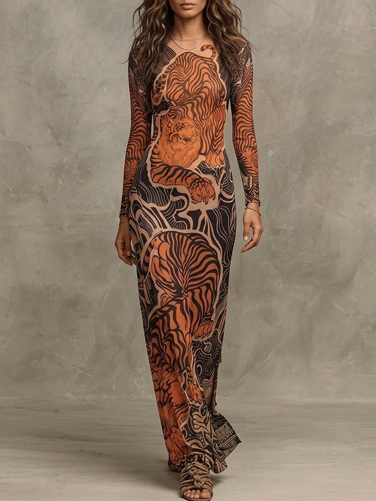 Tiger Line Art Long Sleeve Maxi Dress