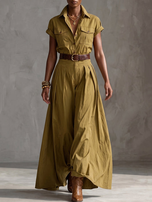 Olive Green Utility Button-Up Shirt Dress
