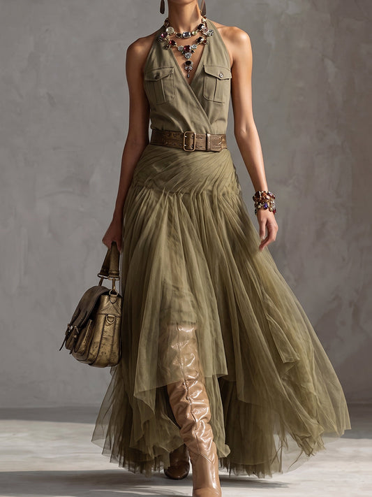 Olive Green Halter Tulle Maxi Dress