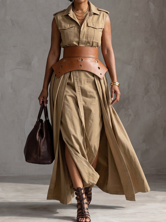 Beige Utility Sleeveless Shirt Dress