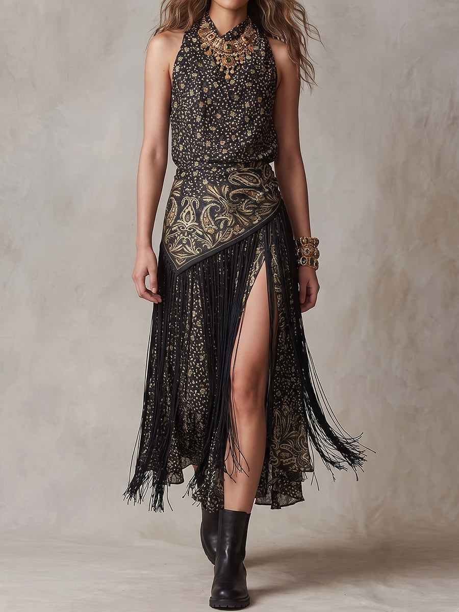 Black Gold Fringe Halter Maxi Dress