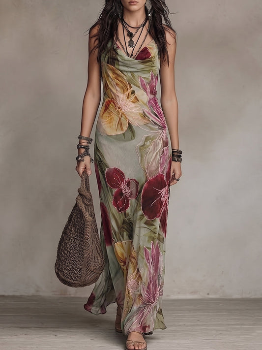 Sage Floral Cowl Neck Maxi Dress