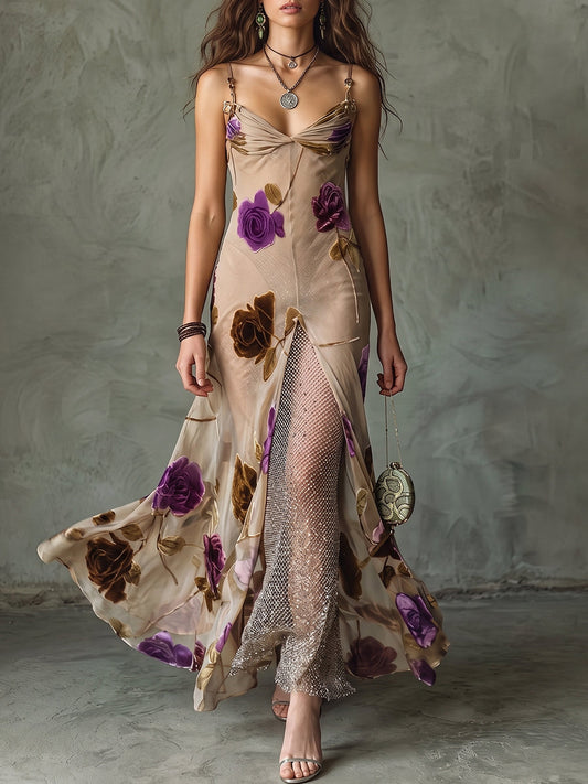 Beige Floral Mesh Insert Maxi Dress