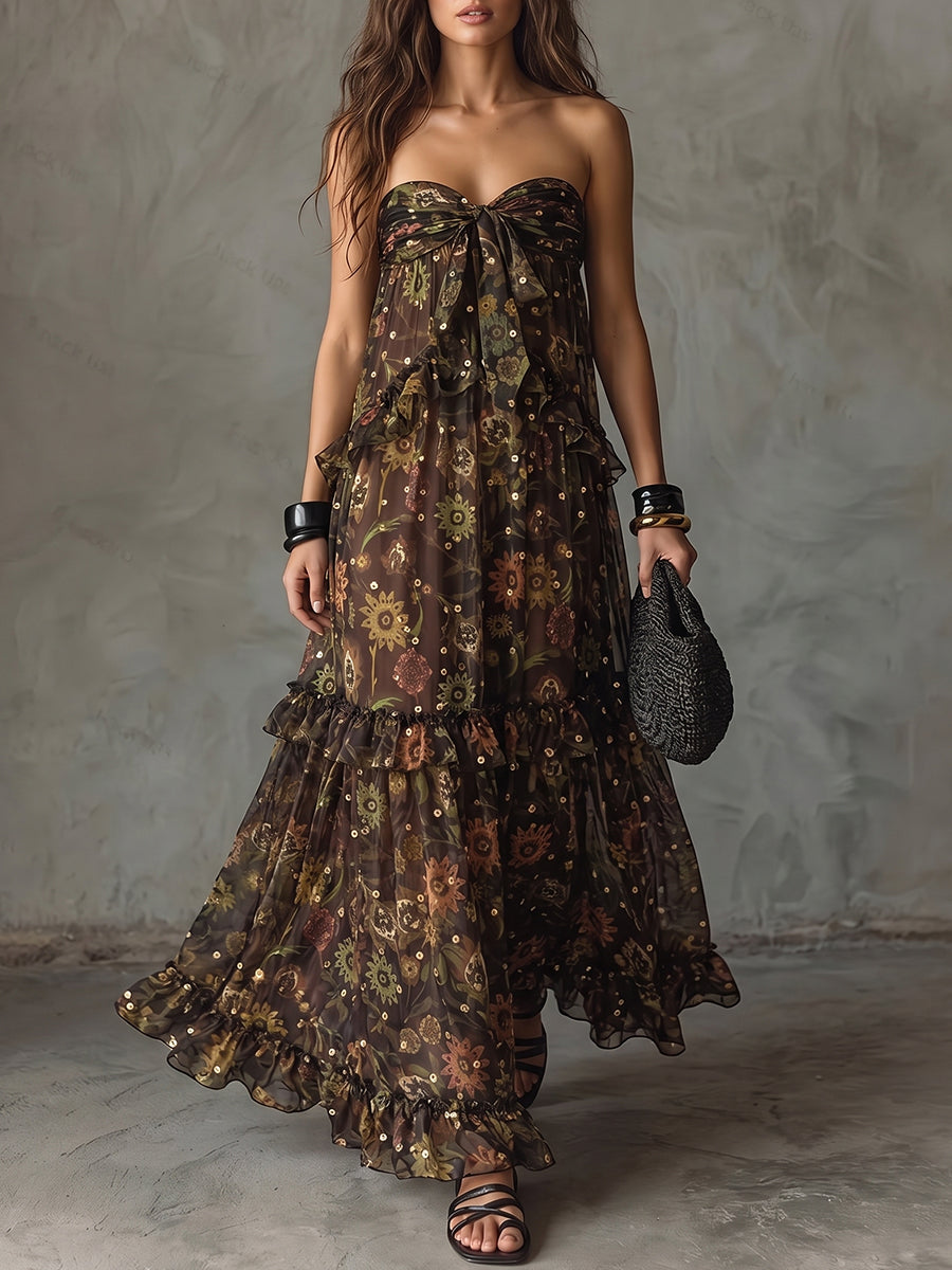 Dark Floral Strapless Tiered Maxi Dress