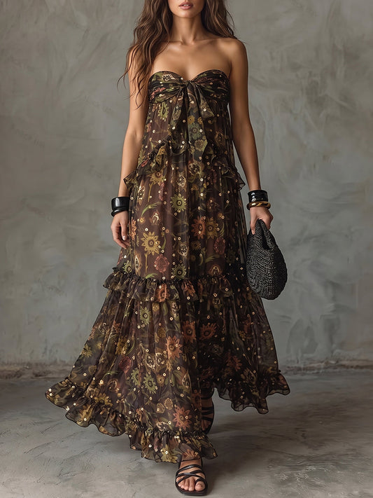 Dark Floral Strapless Tiered Maxi Dress