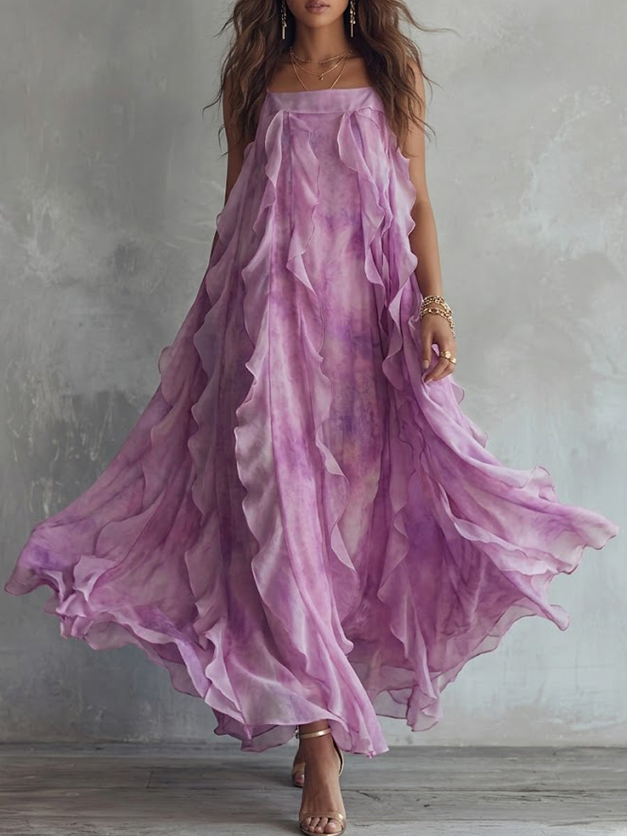 Lavender Cascade Ruffle Maxi Dress