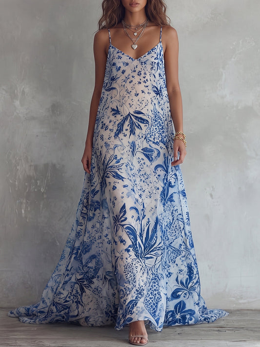 Blue Floral Print Maxi Dress