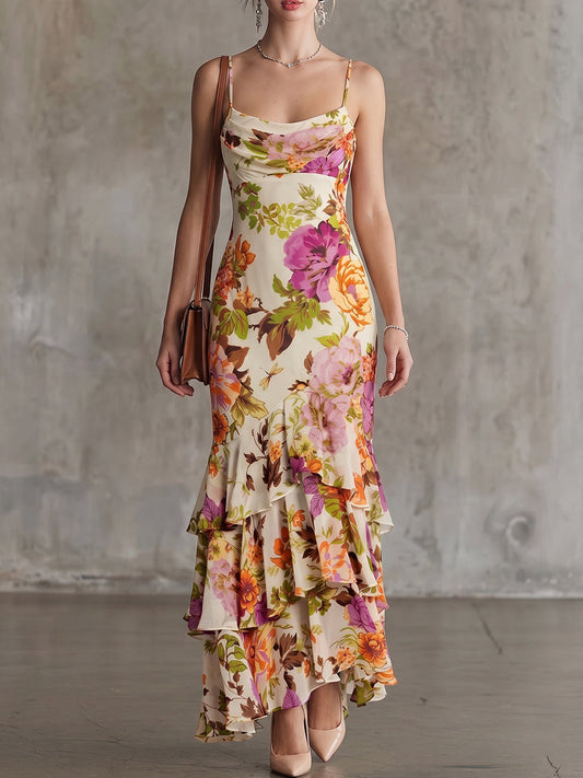 Cream Floral Ruffle Maxi Dress