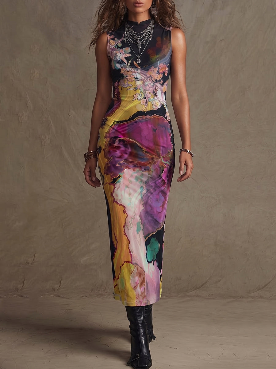Black Abstract Floral Slip Dress