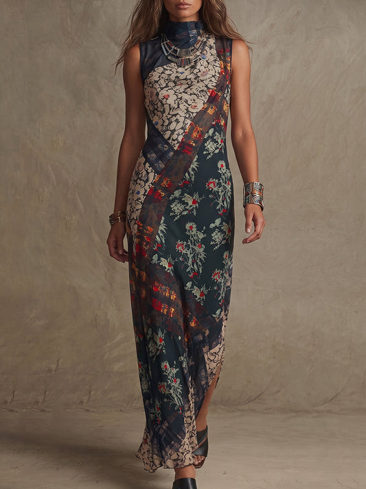 Navy Patchwork Floral Maxi Dress