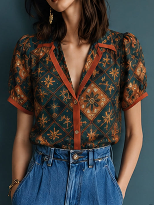 Teal Geometric Diamond Contrast Trim Shirt