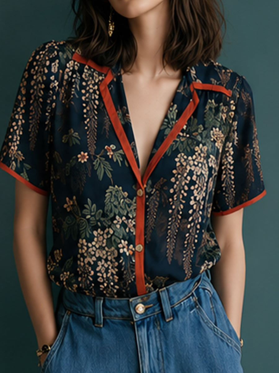 Navy Wisteria Floral Contrast Trim Shirt