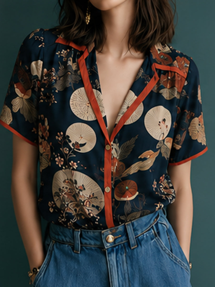 Navy Japanese Fan Print Contrast Trim Shirt