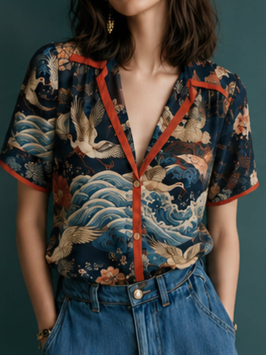 Navy Crane Wave Print Contrast Trim Shirt
