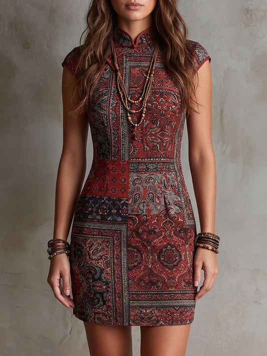 Red Paisley Patchwork Cheongsam Mini Dress