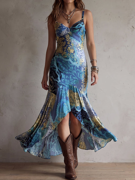 Blue Gold Abstract Mermaid Maxi Dress