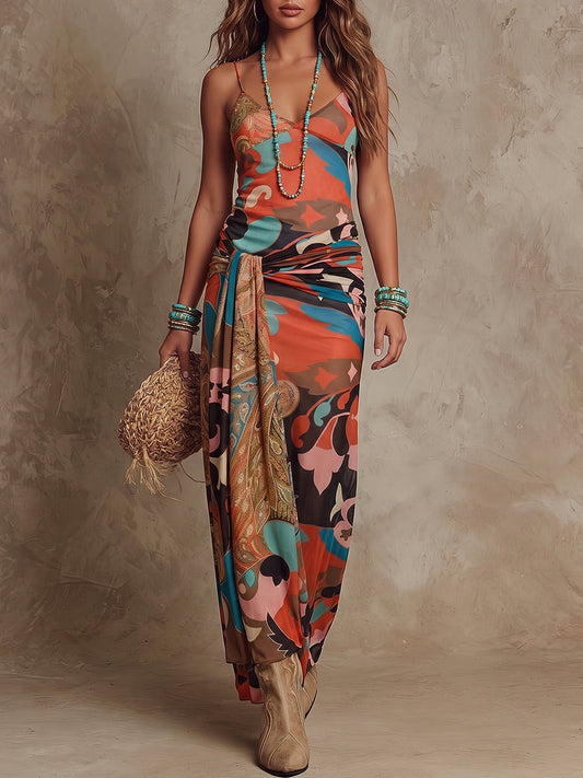 Orange Abstract Wrap Maxi Dress