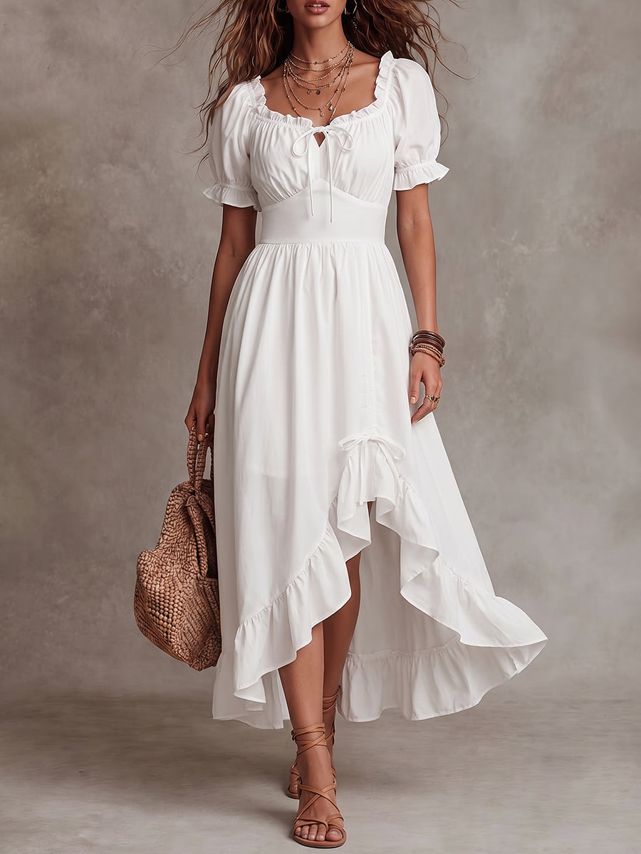 White Puff Sleeve High-Low Maxi Dress
