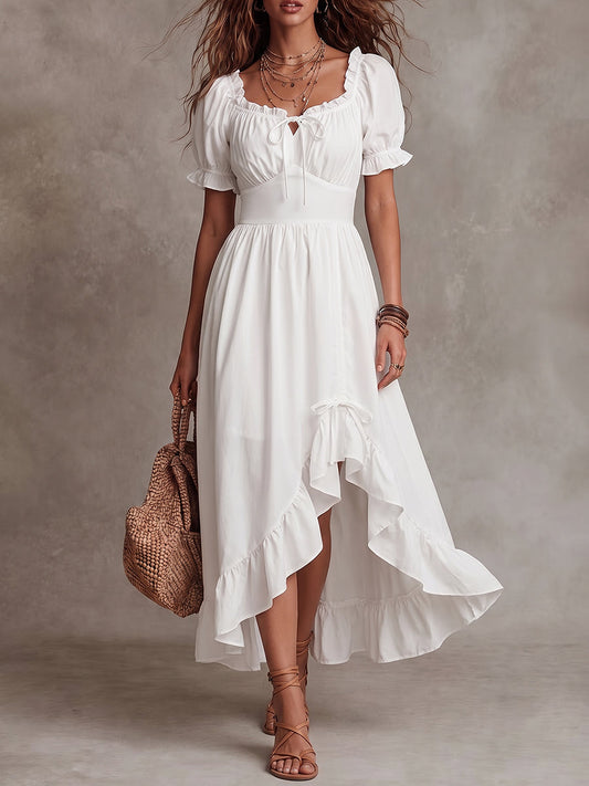 White Puff Sleeve High-Low Maxi Dress