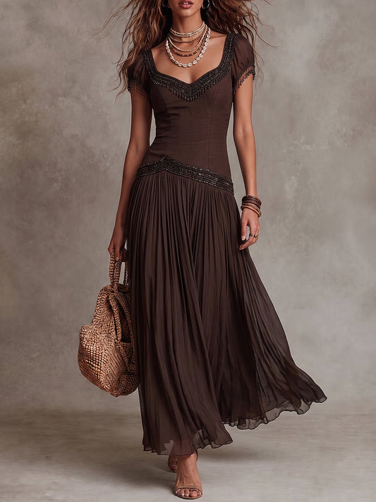 Chocolate Beaded Sweetheart Maxi Dress