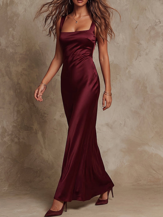 Burgundy Satin Wide-Strap Maxi Dress
