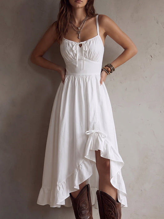 White Tie-Front High-Low Midi Dress