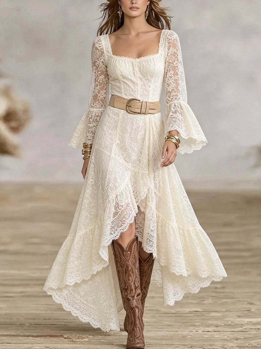 White Lace Bell Sleeve Tiered Maxi Dress