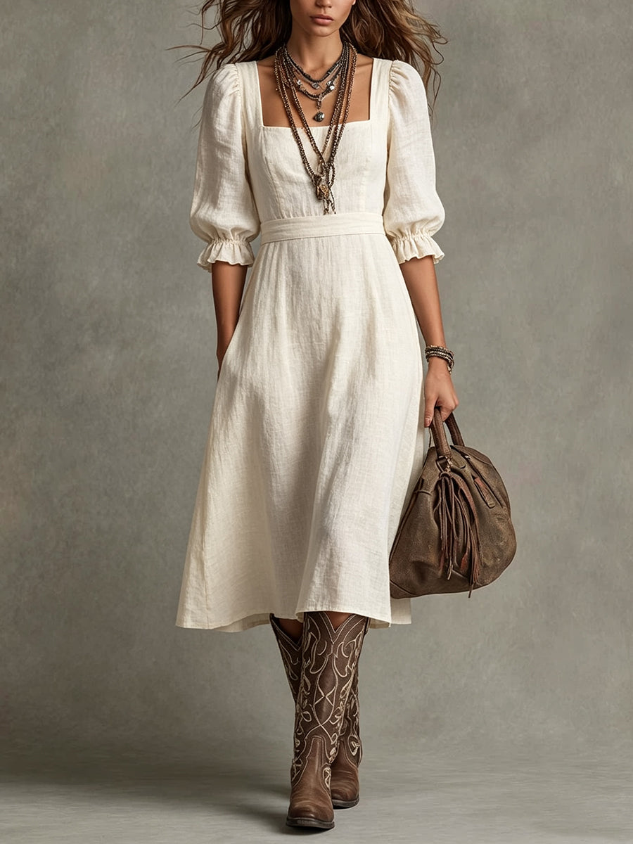 Cream Puff Sleeve Square Neck Midi Dress