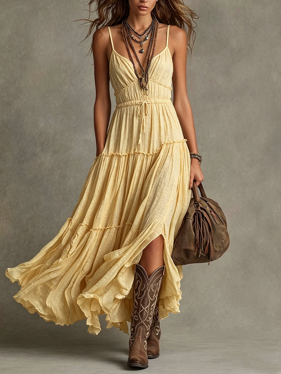 Butter Yellow Drawstring Tiered Maxi Dress