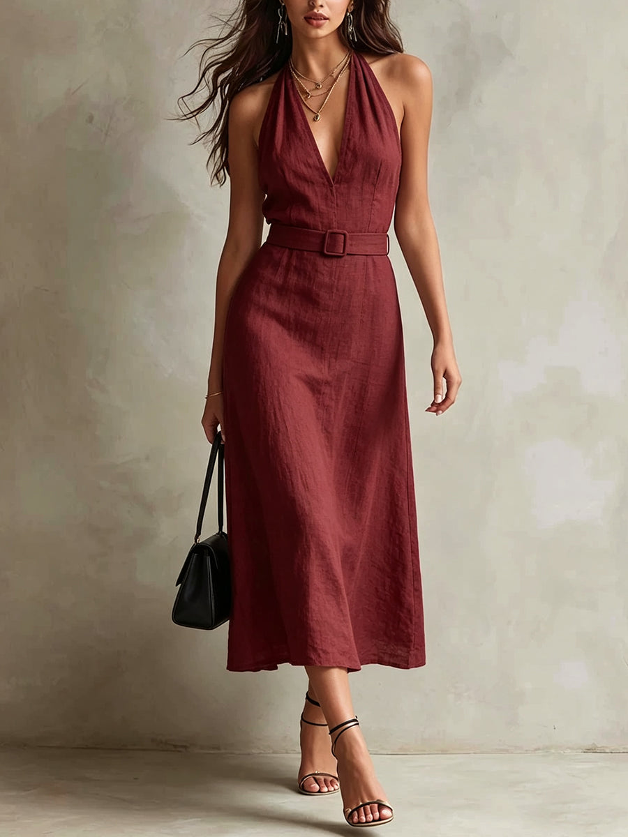 Burgundy Halter Belted Midi Dress