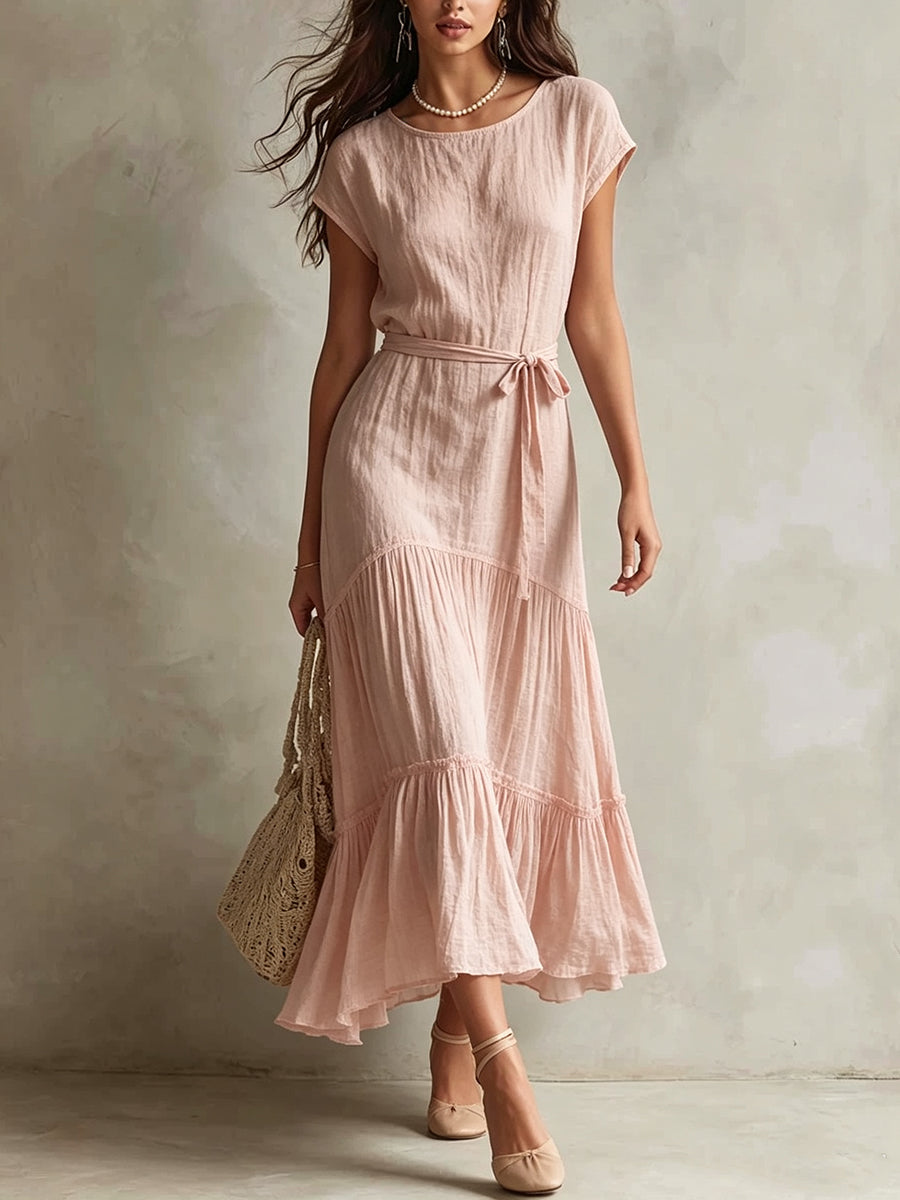 Blush Pink Tie-Waist Tiered Midi Dress