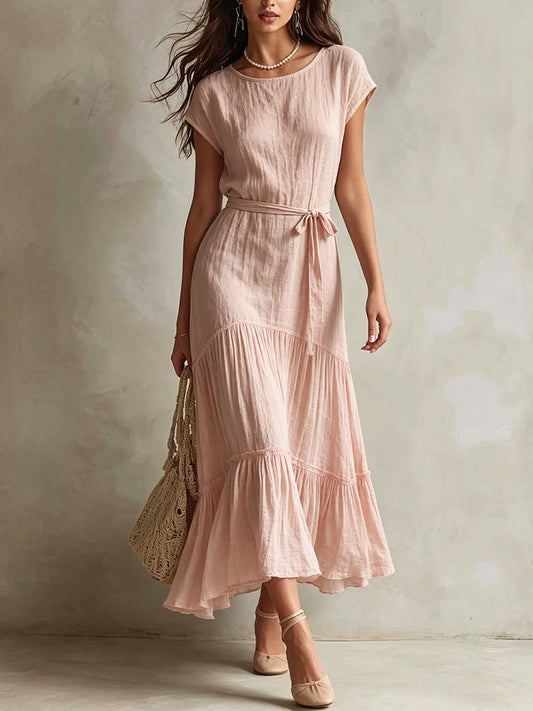 Blush Pink Tie-Waist Tiered Midi Dress