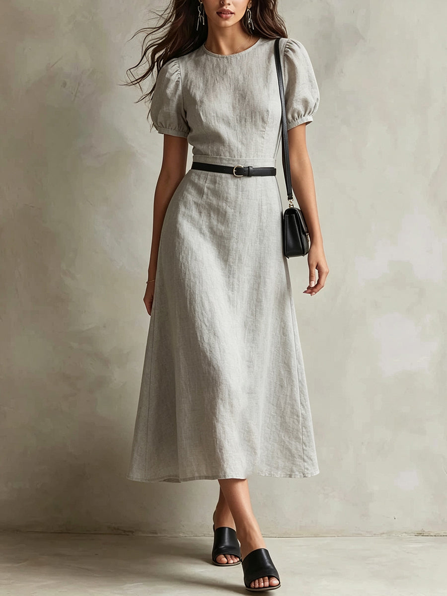 Light Grey Puff Sleeve Belted Midi Dress
