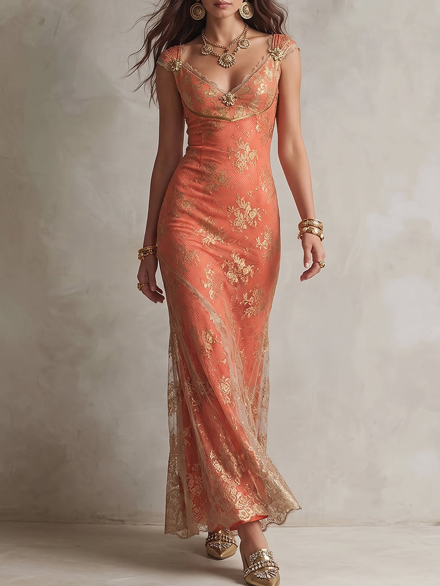 Coral Gold Floral Lace Maxi Dress