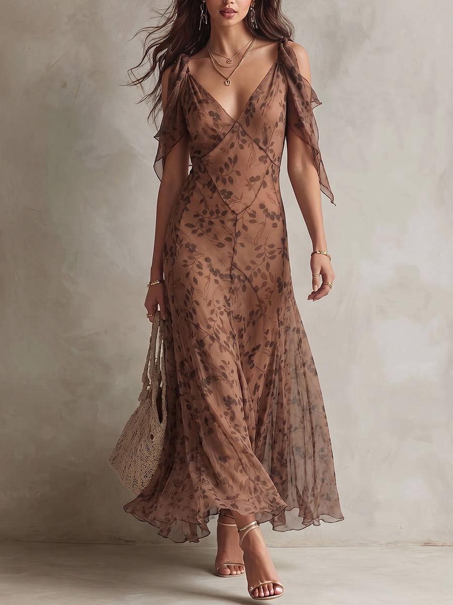 Mocha Leaf Print Cold-Shoulder Maxi Dress