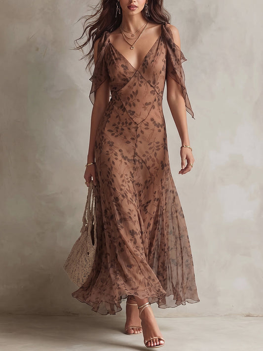 Mocha Leaf Print Cold-Shoulder Maxi Dress