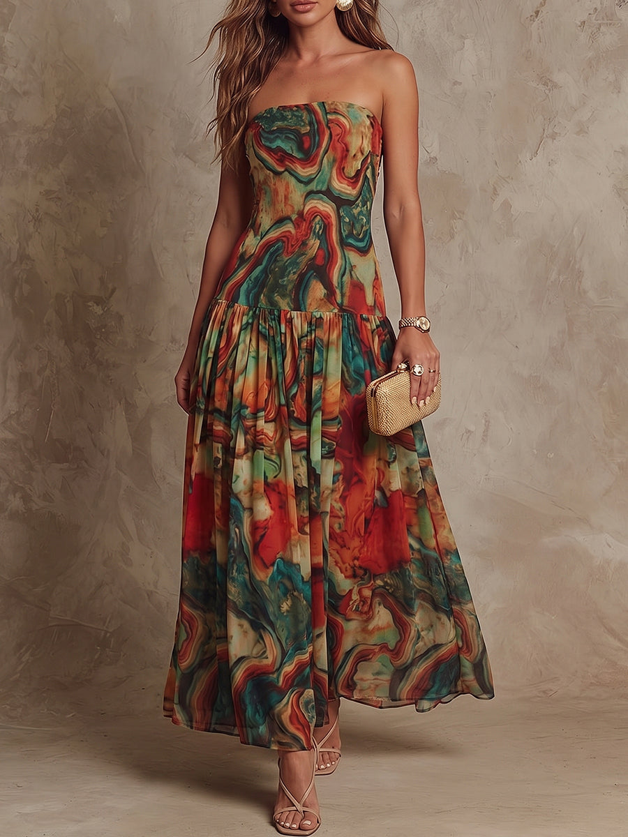 Abstract Marble Strapless Maxi Dress
