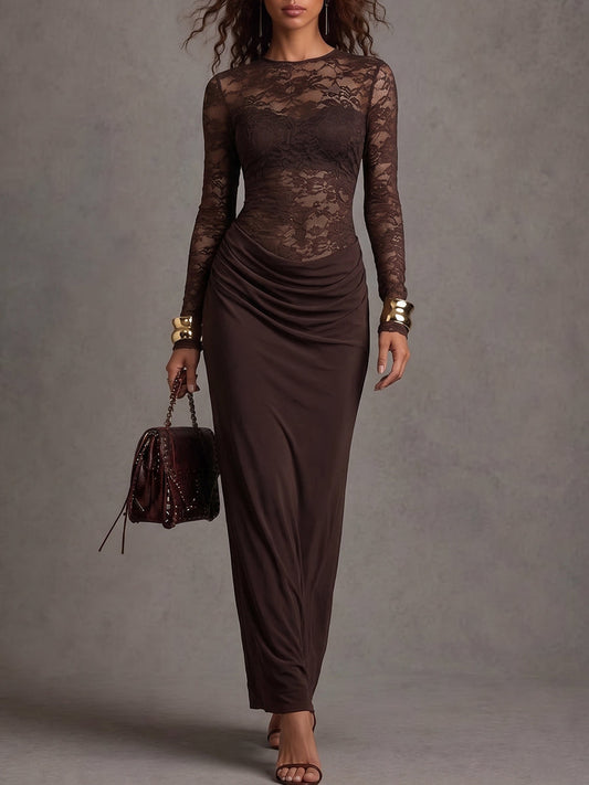 Brown Lace Bodice Draped Maxi Dress